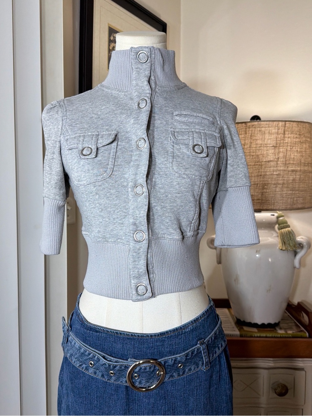 Wet Seal Light Gray Short-Sleeve Button-Up Ribbed Turtleneck Jacket